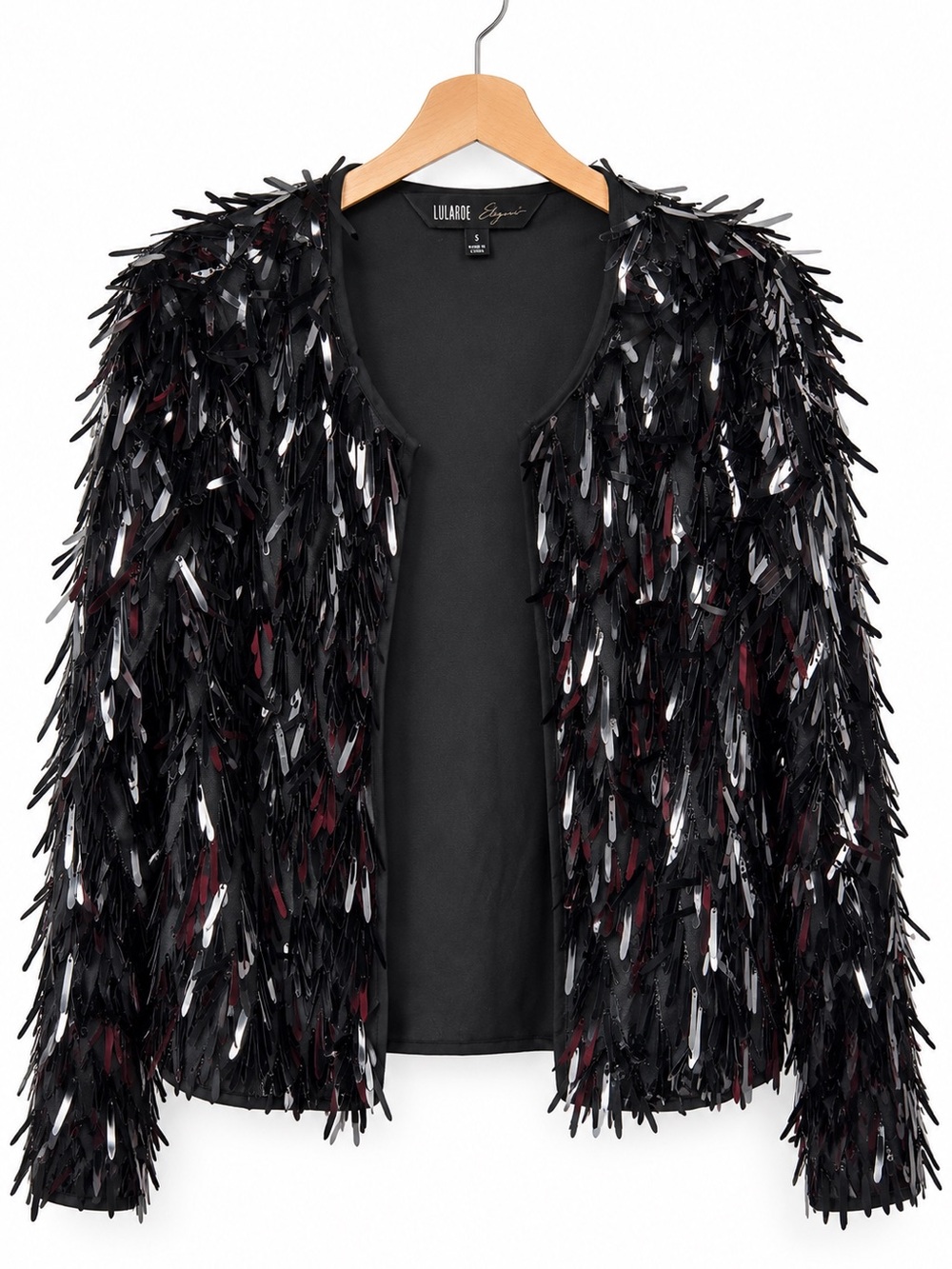 LuLaRoe Black Red Sequin Fringe Open Front Jacket Small Party Statement Glam